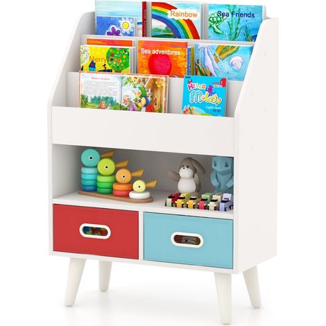 Libreria per bambini in legno con scomparto e 2 cassetti in tessuto, kit anti-ribaltamento, portata 100 kg per bambini dai 3 anni in su (bianco) (1/5)