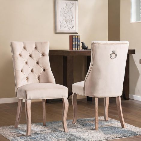 Chaise de salle à manger en velours beige dossier haut 2 pièces (1/5)