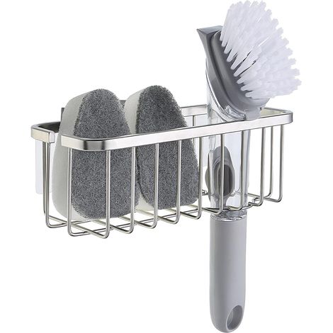 Organisateur de rangement de luxe pour éponge d'évier de cuisine et de salle de bain avec fixation adhésive - Ventouse supplémentaire incluse - Éponge et brosse non incluses - 18,8 x 8,4 x 7 cm (1/5)