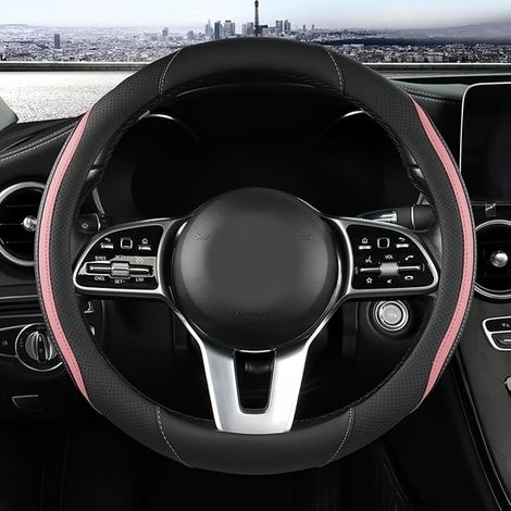 Funda para volante de coche,funda de cuero rosa para volante,microfibra,negro,cuero,rosa (1/4)
