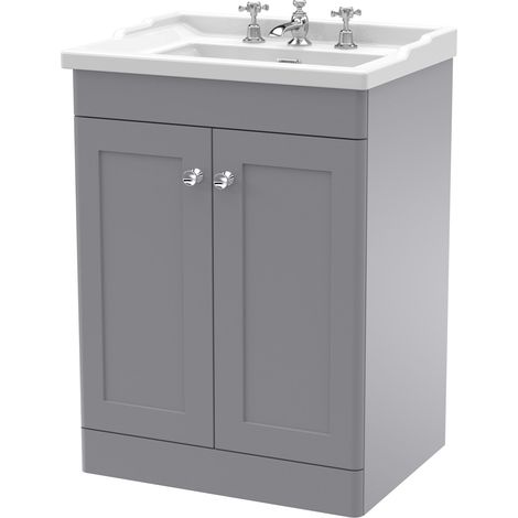 Nuie Classique Floor Standing 2-Door Vanity Unit with Traditional Basin 600mm Wide Satin Grey - 3 Tap Hole (1/5)