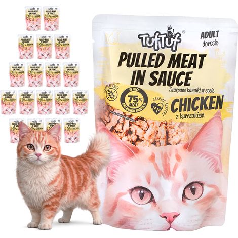 Pâtée pour chat TufTuf au poulet, sachet de 20 x 100 g, morceaux effilochés (1/2)
