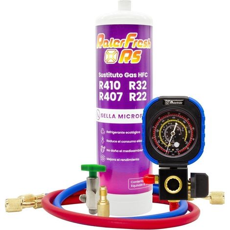 Gas refrigerante Ralerfresh RS sustituto de los gases R410,R32,R407 y R22 mas manometro,mangueras,llave y adaptador