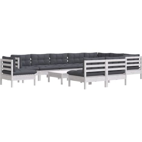 Set Divani da Giardino 11 pz con Cuscini Bianchi Legno di Pino vidaXL (1/4)