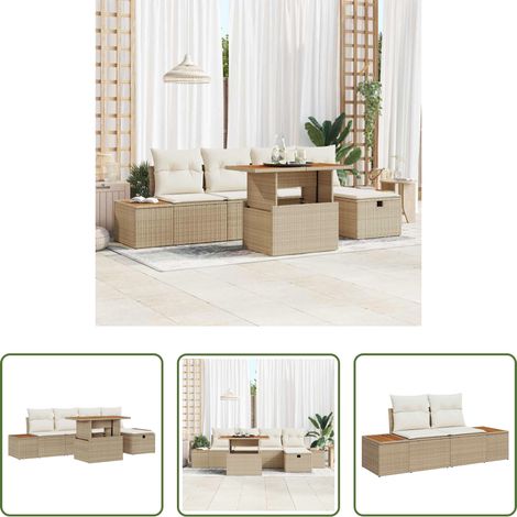 Gartentisch - Gartensofa-set mit Kissen mit Speicher 6 pcs Beige Poly-Rattan (1/5)