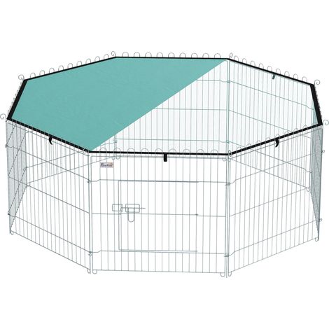 Parc modulable pour chien 8 panneaux avec toit, enclos pliable portable 60 cm de hauteur, porte incluse, couleur argent et vert (1/5)