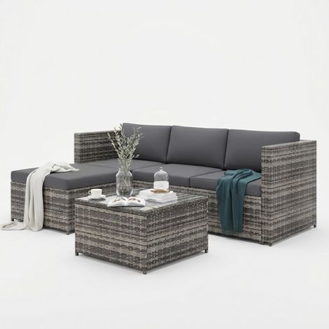 FurnitureR Rattan Outdoor Corner Sofa Set with Coffee Table, Grey Garden Furniture Lounge Set with Cushions for Patio, Balcony, Conservatory & Terrace
