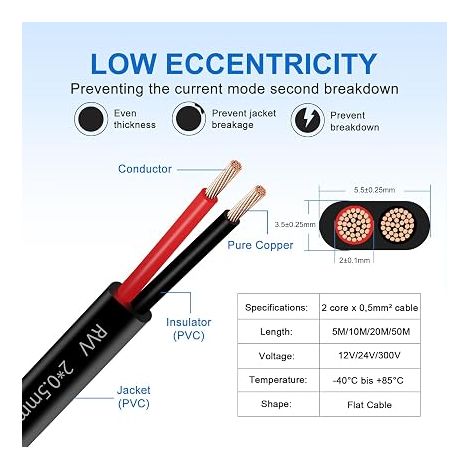 Flat Cable 2 Wires, 2 x 0.5 mm², 10M, Red/Black Electric Cable, 12V/24V Trailer Cable for Wiring Trailer Tail Lights, Automotive Caravan Electric Wire, Boat Equipment (1/4)
