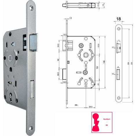 Bever Einsteckschloss Zimmertür BB PZ WC 55/72/8 - 18mm Stulp rund Metallfalle (1/2)