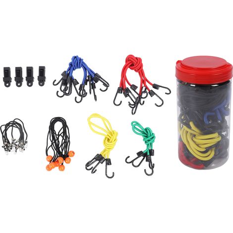 Kit de 32 sangles élastiques universelles 6 tailles différentes avec crochets boules et pot de rangement pour camping bâche et transport (1/5)