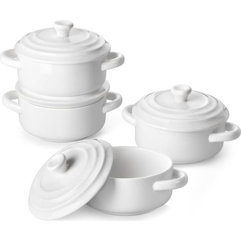 Mini Cocottes avec Couvercles en Porcelaine, Petits Ramequins 440ml Individuelles, Plats à Four Rondes avec Poignées 4 Pièces pour Soufflé, Crème Brûlée, Gâteau, Lasagnes, Série BAKE.BAKE (1/5)