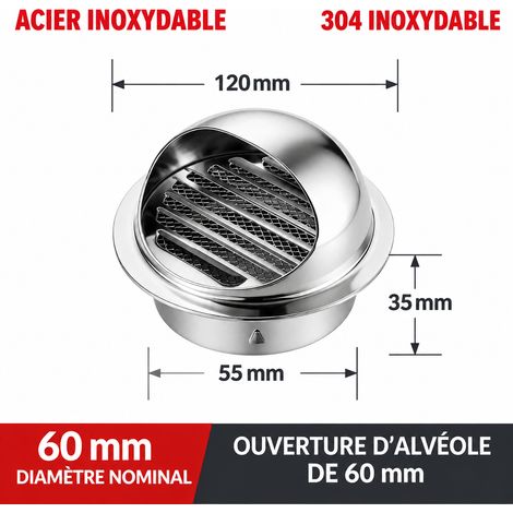 Chapeau de ventilation mural 60 mm en acier inoxydable 304 brillant renforcé 304 60mm – Livraison gratuite