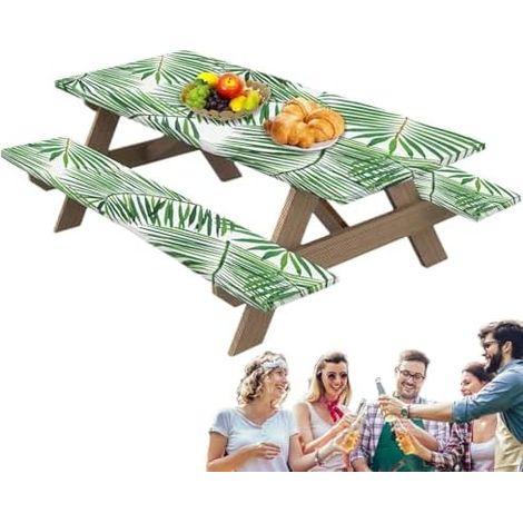 Ensemble élégant de 3 housses de table élastiques pour tables et bancs de pique-nique, idéal pour les tables et bancs. (1/5)