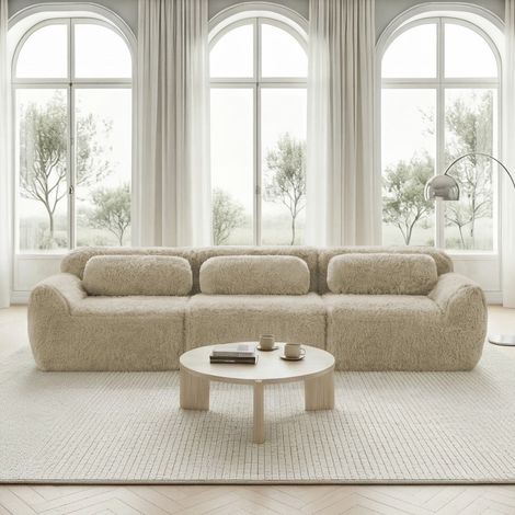Canapé modulable 3 places, en tissu peluche beige clair, avec coussins et support ergonomique, sans montage pour salon (1/5)