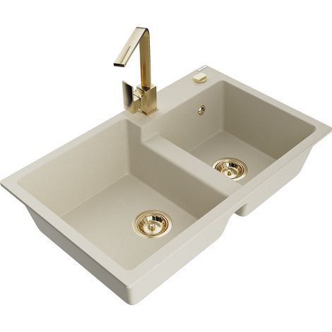Mexen Tomas 2-Becken-Granitspüle mit Mischbatterie Rita, Beige - 6516-69-670300-50 (1/5)