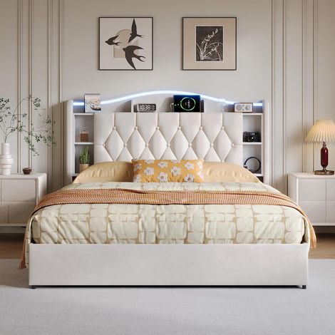 Polsterbett 160x190 cm mit Stauraum, LED-Beleuchtung und USB-Ladefunktion, modern, Samt, Beige