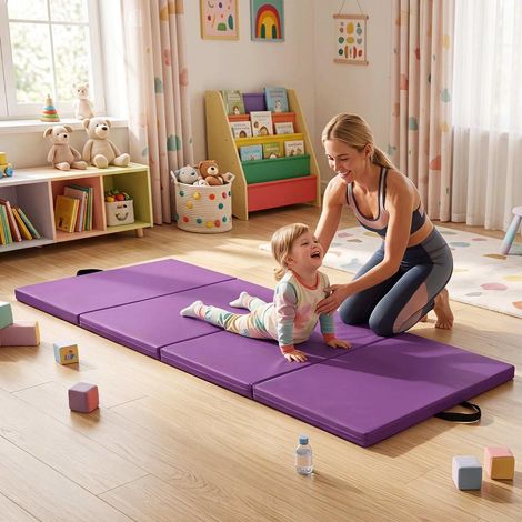 Tapis de Gymnastique Pliable Amortissant 240x120x5cm Mousse EPE avec Poignées Fitness Yoga Violet (1/5)