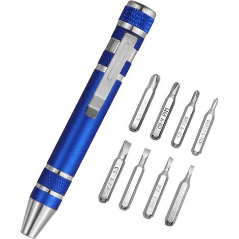 Set di mini cacciavite tascabile 8 in 1 CR-V, piccolo cacciavite magnetico multifunzionale con punte Phillips e a taglio per computer, occhiali, blu (1/4)