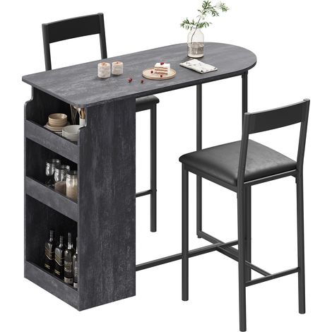 Ensemble Table Et Chaises De Bar 2 Places, Table à Manger 3 Pièces avec Étagère 3 Niveaux, Moderne et Gain de Place, Gris