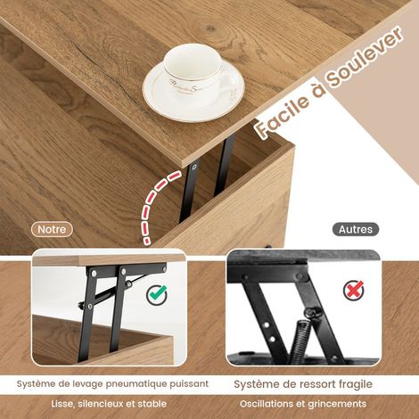 Table basse relevable, levage pneumatique, rangement dissimulé (1/5)