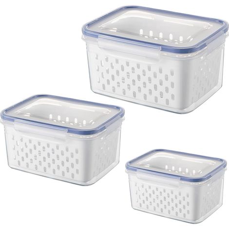 Boîte de rangement 3 pièces, récipients de conservation pour réfrigérateur, contenants pour aliments, légumes et fruits, avec couvercle et passoire, organisateur double pour réfrigérateur, ensemble de (1/5)