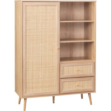sweeek - Highboard mit Rattan-Geflecht und Holzdekor 1 Tür, 2 Schubladen