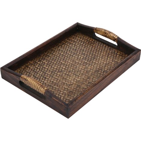Plateau de service pour fêtes, plateau en bois avec poignées, plateau multifonctionnel, peut contenir de la vaisselle, des fruits, etc., marron. (1/5)