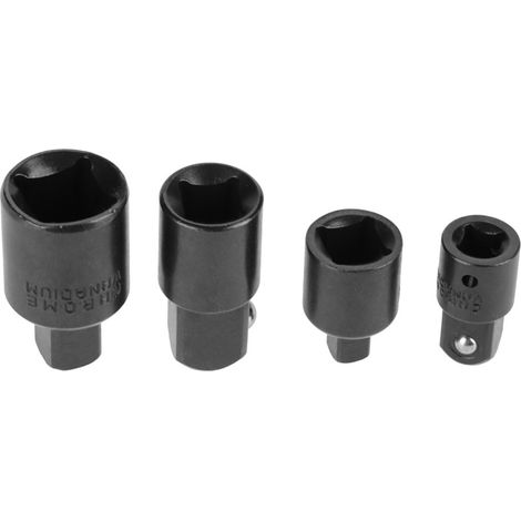 Lot de 4 adaptateurs réducteurs pour douilles en acier au vanadium chromé noir : 1/2", 3/8", 1/4". Adaptateur pour clé (1/5)