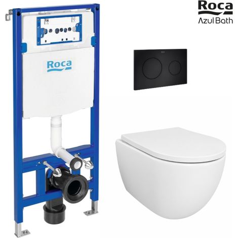 Pack Bastidor ROCA Duplo Cisterna Empotrada y Pulsador PL10 Negro Mate + Inodoro Suspendido SWISS 53 cm Tornado y Soft-Close