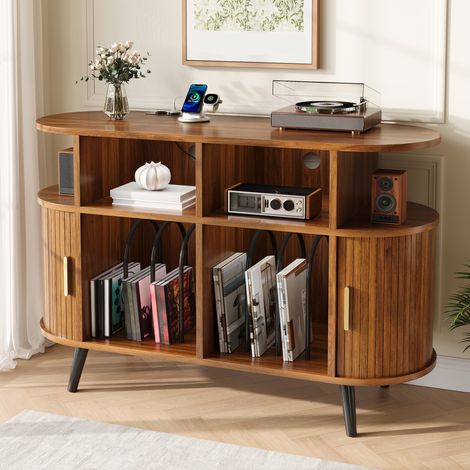 Credenza contenitore 110x40x76 cm, ante scorrevoli, gestione cavi e stazione di ricarica, MDF noce (1/5)
