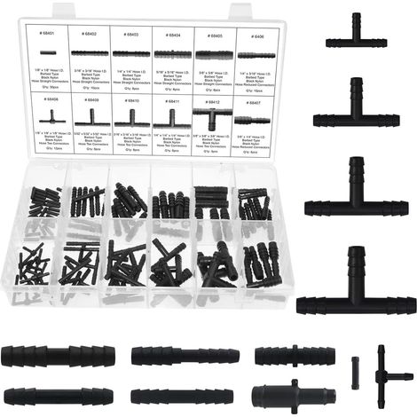113 pièces de Set de raccords pour tuyaux,raccords en T de 4 mm,5 mm,6 mm  12 tailles disponibles, raccord en T noir, pour tuyaux de lave-glace, tuyaux de jardin et systèmes d'arrosage (1/5)