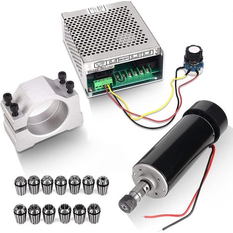Moteur de fraisage CNC 500 W refroidi par air 0,5 kW et convertisseur de puissance de vitesse de broche et pince de 52 mm et 13 pinces ER11 pour gravure à faire soi-même (1/5)
