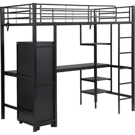 Cama alta de metal negro 90x200 cm con escritorio, armario y almacenamiento (1/5)