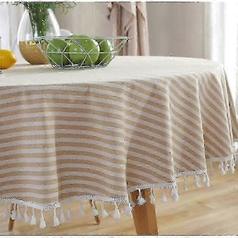 Nappe ronde en coton et lin antitache 120 cm, housse anti-poussière (beige) (1/5)