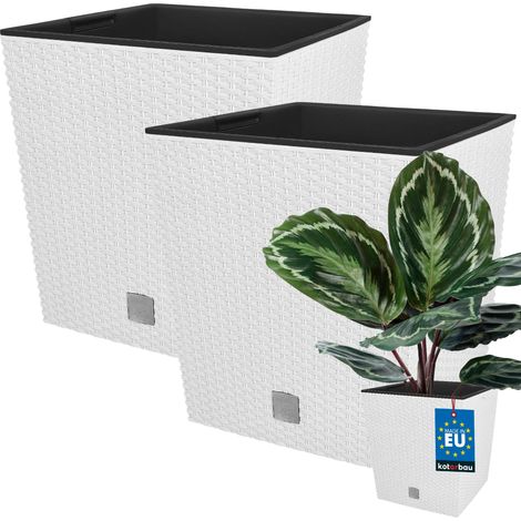 KOTARBAU® Kotarbau® Pot de Fleur Exterieur 26 x 26 cm - avec Insert Intérieur Lot de 2 - Pot Plastique Plante 15,8 L - Pot de Fleur Carré - Aspect Rotin - Blanc (1/5)