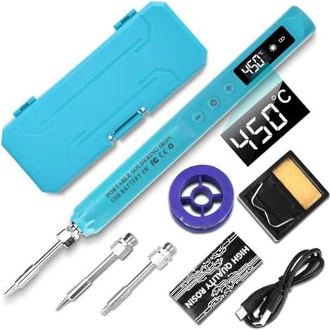 Fer à souder rechargeable par USB avec écran LCD, kit de fer à souder sans fil, noyau chauffant en céramique, température réglable 200-450 °C, avec 3 pointes à souder - bleu (1/5)
