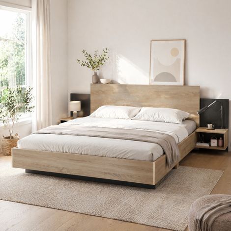 Lit double 180 x 200 cm en bois gris style moderne avec chevets intégrés (1/5)