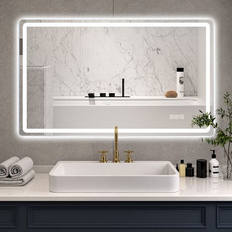 Miroir LED salle de bain 120x60x2,9 cm en verre et métal argenté, anti-buée – MEUBLIV (1/5)