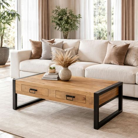 Table basse rectangulaire bois clair métal noir 2 tiroirs MILORA (1/5)