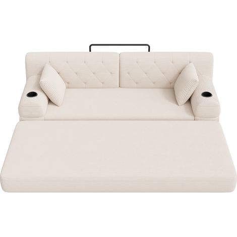 Canapé-lit 3 places en velours côtelé beige avec dossier haut, cadre métallique et rangements intégrés (1/5)