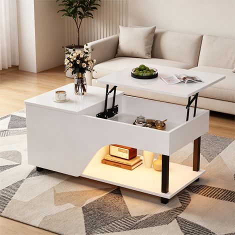 Table Basse Relevable avec LED - 100x50x46cm - Plateau Brillant Coffre Caché et Niches Ajustables - Pour Salon Moderne - Blanc (1/5)