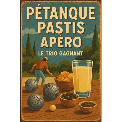 Plaque métal pétanque pastis apéro le trio gagnant 30,5 x 20 cm