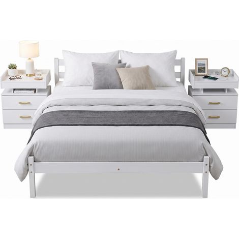 FurnitureR Schlafzimmer Set Bettgestell Holz 140×190 cm Doppelbett mit 2 Nachttischen USB Steckdose LED Beleuchtung Stauraum modernes Möbel Weiß