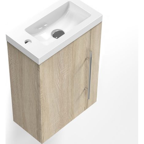 Meuble Lave-Mains Moderne à Suspendre avec lavabo, Meuble de Rangement avec Une Porte et 2 étagères 45cm / bois clair