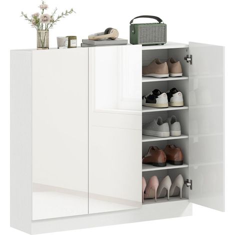 Meuble à chaussures 10 étagères pour 25-30 paires, ventilation, portes à fermeture douce, en bois, blanc (1/5)