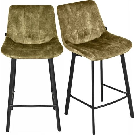 Lot 2 tabourets de bar en velours vert kaki pieds métal noir – NANY 2 (1/5)