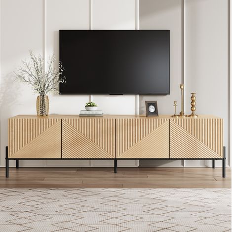 Mueble para TV de MDF color natural 163,5x40x45 cm, 4 puertas, diseño geométrico 3D y patas de metal negro (1/5)
