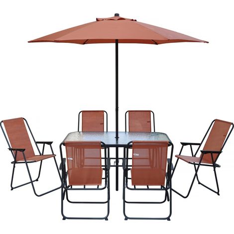Mesa y sillas de jardín de metal "Convivia" con parasol - 6 plazas - Terracota
