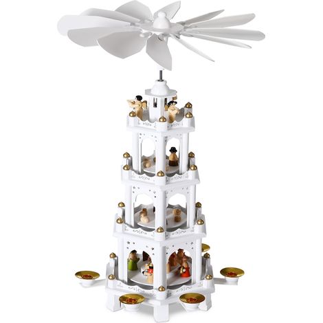 Authentic German Christmas Pyramid XL Classic 4-Tier Rotating Design Handcrafted Real Wood Windmill Decoration White