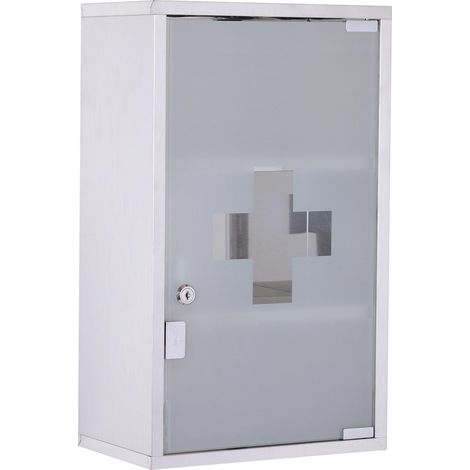 Armoire à pharmacie murale en acier inoxydable avec 3 étagères et serrure, idéale pour les premiers secours. (1/5)
